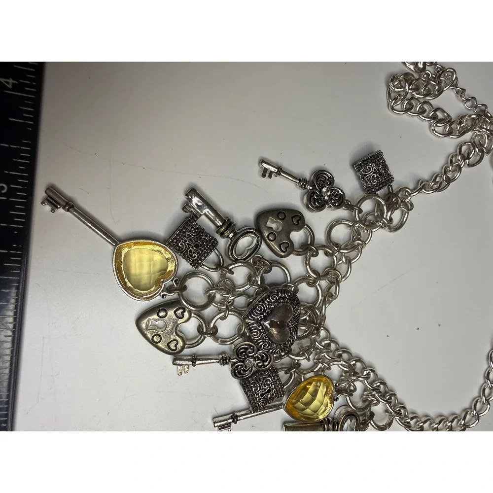 Silver Tone Heart Lock and Key Charm Necklace Yellow Faceted Stones Statement
